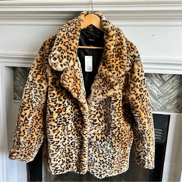 π NWT Leopard FOREVER 21 Gorgeous SOFT Fluffy FAUX FUR Baddie COAT Jacket 3X - Picture 1 of 16